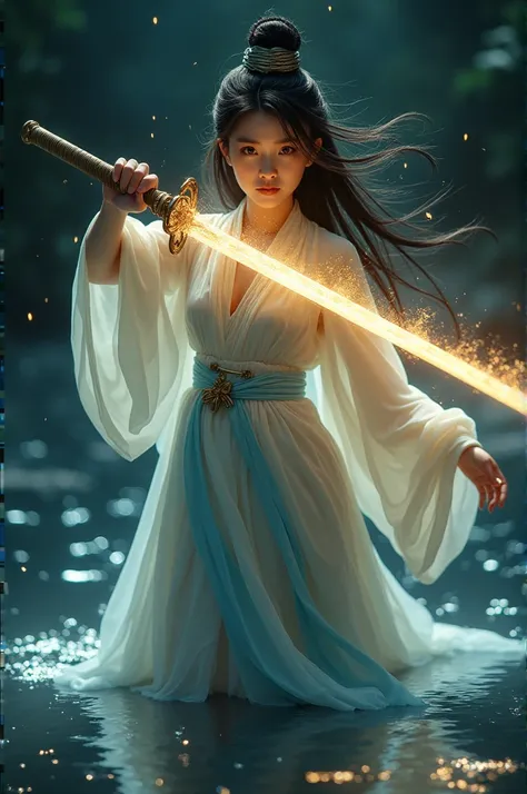 A beautiful Korean girl Fierce eyeswith flowing dark hair holds a sword with golden light in her mouth.Wearing a flowing white dress with a light blue edge, standing on the water, dark background, realistic,