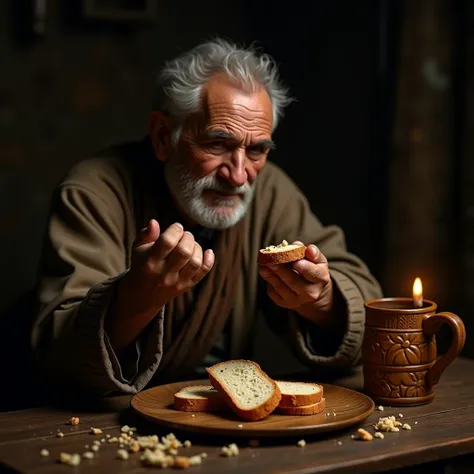 grandpa old wrinkles on his face detailed face ,  holds a small slice of bread a slice , hoping to get a slice of bread guy reac...