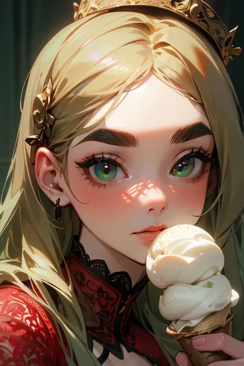 (Best Quality, masterpiece:1.2),  High Resolution ,  very detailed , Realistic:1.37,  fantasy, An illustration, green eyes、 queen , ((Red lace swimsuit)).Platinum decoration、beautiful、 eyeshadow red 、 thick eyebrows、 long eyelashes、The pupil is black、Her h...