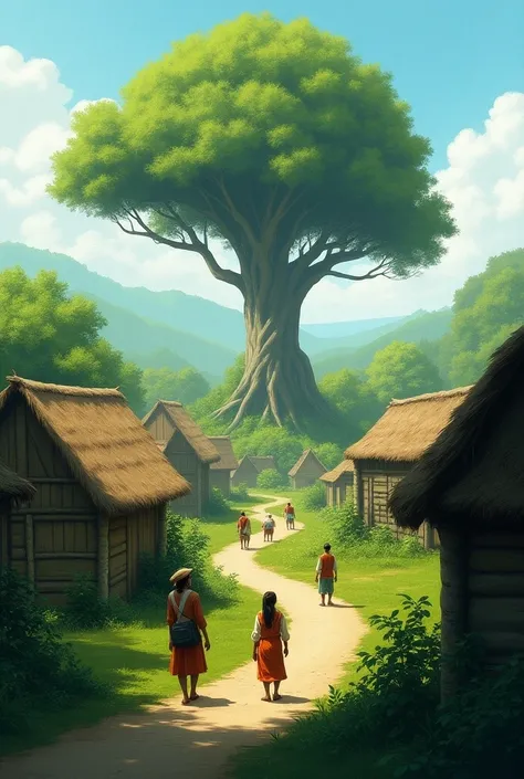 A serene village with lush greenery, simple huts, and villagers going about their daily routines. In the background, a wise old tree stands tall.