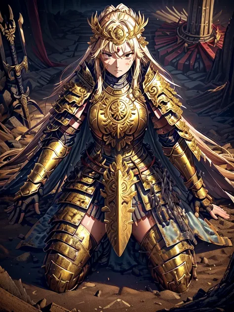 A fierce female warrior with flowing blonde hair, her golden armor now broken in several places, exposing parts of her bloodied body covered in scars. She kneels on one knee, exhaustion and sorrow clear on her face, while using a broken sword to prop herse...