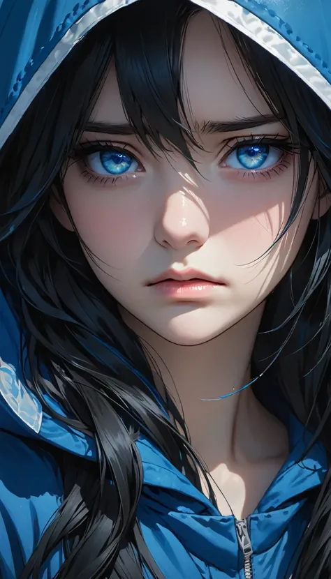 close up of a pretty girl with a blue hood looking down in sadness, 1girl, solo, black hair, blue eyes, long hair, hood, hair over one eye, looking at viewer