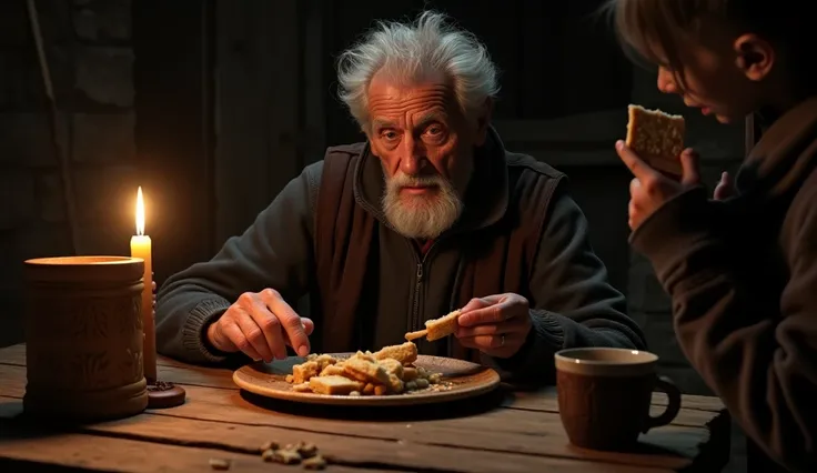 grandpa old wrinkles on his face detailed face ,  holds a small slice of bread a slice ,  a guy reaches for a slice of bread ,  ...