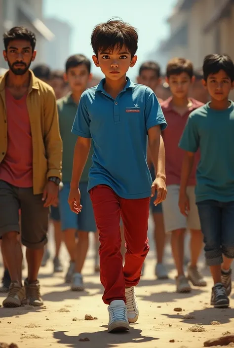 blue shirt, red pants, and white sneakers  boy Alex decides to help these ren, but they are skeptical of his ability to lead them out
