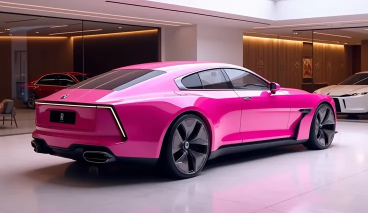 Rolls Royce 2025 pink color  parked in showroom full back side review