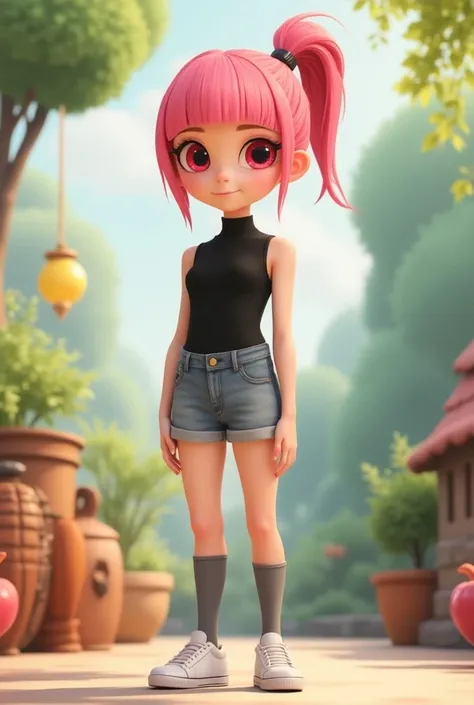 A young girl whose height reached 150 cm, her hair was pink, gathered in a short ponytail, and her eyes had an unusual red color. She was thin, with pale, delicate skin. Neat, sweet, ish face. She was wearing a black bodysuit, gray shorts, denim shorts, gr...