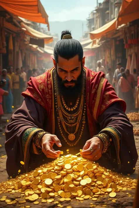 A bustling marketplace with a wealthy merchant, dressed in fine clothes, counting gold coins. His expression shows greed and desire for more wealth