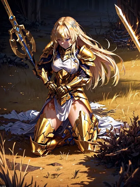 A fierce female warrior with flowing blonde hair, her golden armor now broken in several places, exposing parts of her bloodied body covered in scars. She kneels on one knee, exhaustion and sorrow clear on her face, while using a broken sword to prop herse...