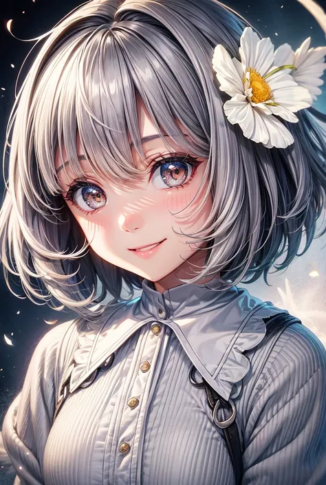 bangs, Gray Hair,  medium hair , happiness/joy, Bright Eyes, White Eyes, Fake smile, Character portrait,  Illustration , Angel Girl