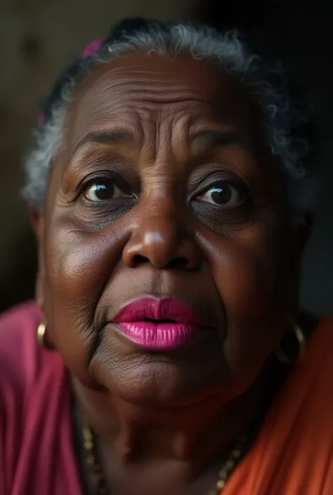 What thick lips does an obese old woman of African descent have flashy pink lips、Close up photo of her closing her eyes and being surprised 