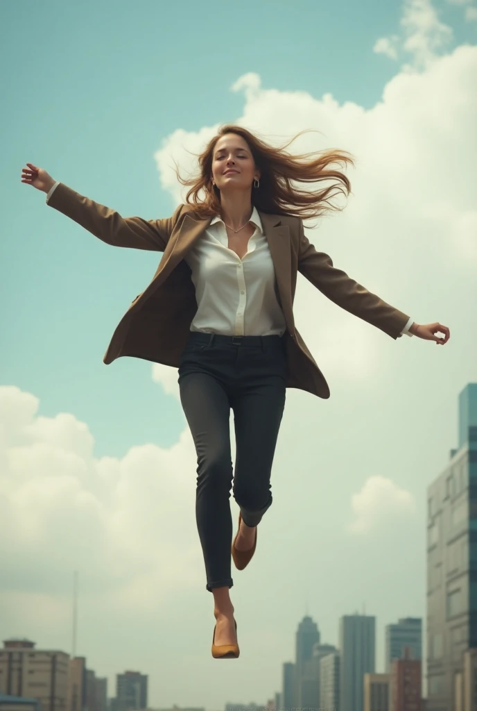  Beautiful girl with long wavy hair,  office clothing from feet to waist and travelers clothing from waist to face, flying from the work office to the sky .