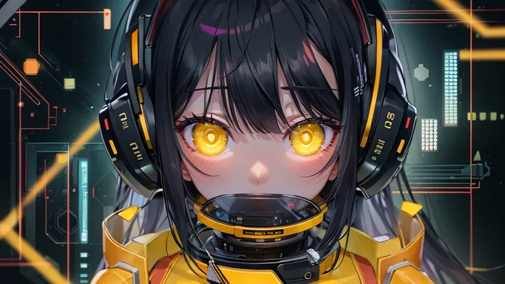 from future intelligence, technology background, complex mission, sudden mystery, unexpected result, unknown variables, strange data, confident look, space black pioneer dress, yellow eyes, black hair