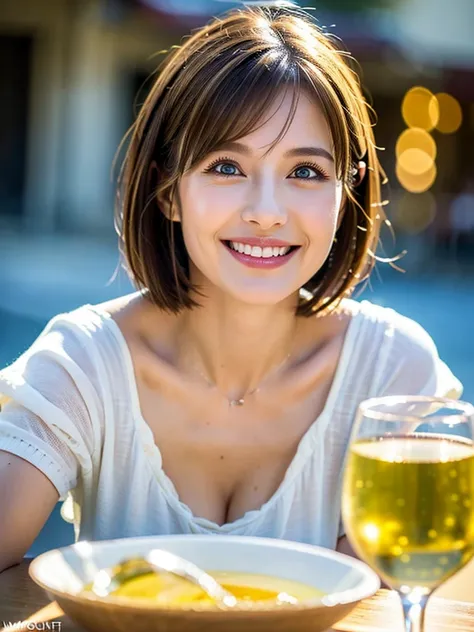 ((White Wine)),((Wine Glasses)),(Realistic, 超Realistic:1.4), 16K HDR,  High Resolution  ,((White Wine)),((Wine Glasses)),Happy smile、 short hair,The best smile、Japanese actress,  so beautiful(It looks like the real thing),dress、Slim couple、Model Couple、(Re...