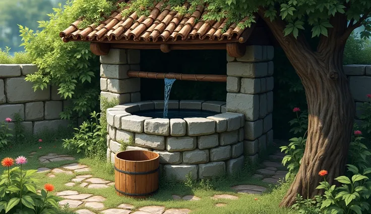 Wonderful stone Well.

Wooden bucket pulling water from the well 

