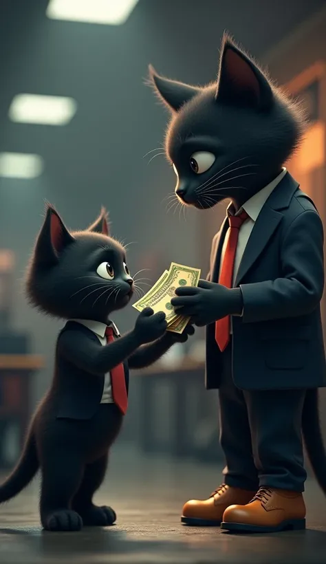 AI cute black cat was wearing clothes and shoe and getting salary from a big AI cat which is also wearing cloth and shoes and both are looking so happy and the black AI cute cat was so looking happy while getting the salary for doing his work labour and in...