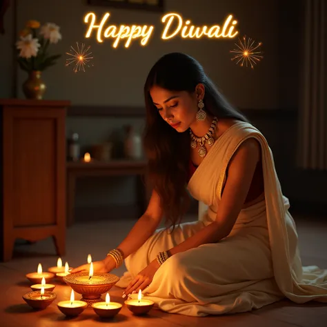 A so beautiful young girl lighting a diya (traditional oil lamp) during Diwali. She is wearing Designer Saree, Long Hair, Diamond Earrings And Necklace, Fair Skin Tone,kneeling on the floor and carefully lighting the diya. The background shows a dimly lit,...