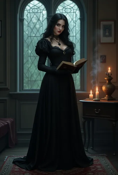 /imagine Luna Bellarose in a medieval fantasy setting. She wears a long, black gothic dress with lace details and puffed sleeves, lace gloves, and a crown of black flowers. Her black hair cascades over her shoulders as she holds an ancient book with mystic...