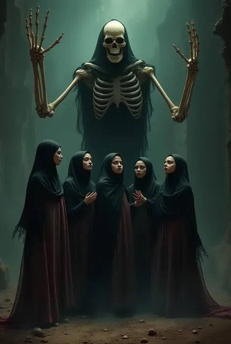 A skeleton horrible with five girls best friends. All girls are hijabi Islamic girls who wear long dress 
