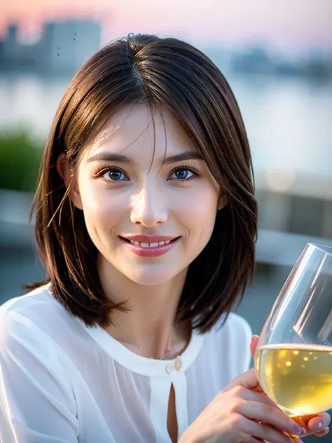 ((White Wine)),((Wine Glasses)),(Realistic, 超Realistic:1.4), 16K HDR,  High Resolution  ,((White Wine)),((Wine Glasses)),Happy smile、 short hair,The best smile、Japanese actress,  so beautiful(It looks like the real thing),dress、Slim couple、Model Couple、(Re...