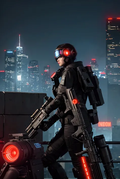 Call of duty, bundle pack, side shot,  Robotic sniper detailed in black technological clothing,  bright red visor .  Rooftop of a cyberpunk city ,  Neon lights reflecting on the barrel of the rifle . brave,  Dark skyline of the city in the background , hea...