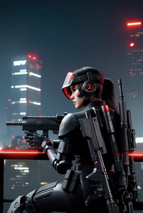 Call of duty, bundle pack, side shot,  Robotic sniper detailed in black technological clothing,  bright red visor .  Rooftop of a cyberpunk city ,  Neon lights reflecting on the barrel of the rifle . brave,  Dark skyline of the city in the background , hea...