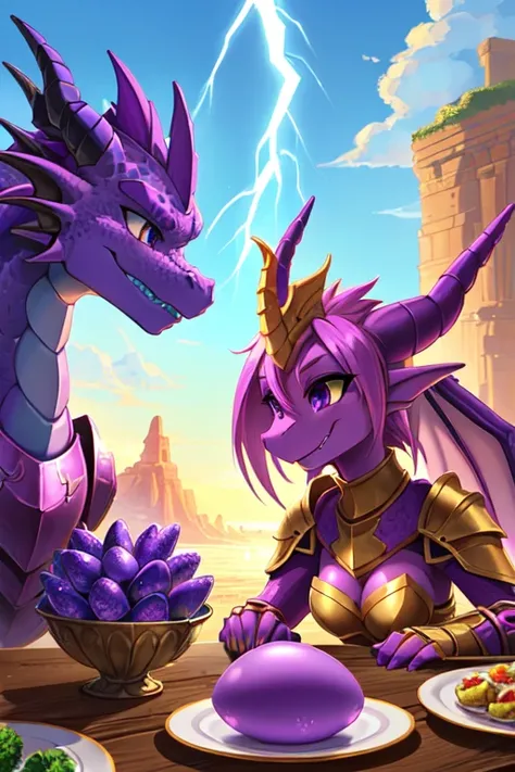 a close up of a cartoon dragon with a purple egg, spyro, spyro the dragon, dragon rider, ultraterrestrial dragons, dra the dragon, newly hatched dragon, lightning dragons attack, dragon armor, dragon knight, dragon ancient full plate armor, vegetal dragon ...