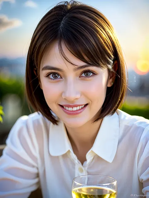 ((White Wine)),((Wine Glasses)),(Realistic, 超Realistic:1.4), 16K HDR,   High Resolution  ,((White Wine)),((Wine Glasses)),Happy smile、 short hair,The best smile、Japanese actress,  so beautiful(It looks like the real thing),dress、Slim couple、Model Couple、(R...