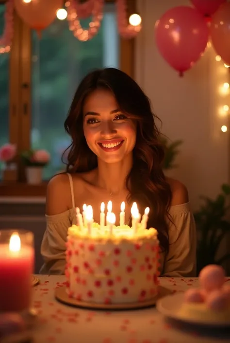 Cute womans birthday celebration 　 happy woman in front of a big cake