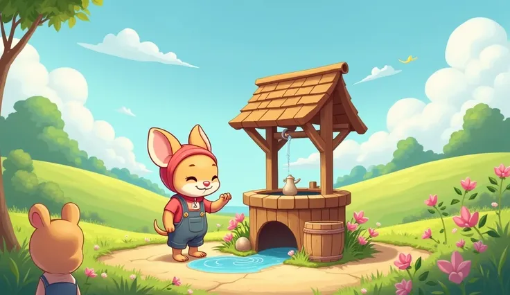 Cartoon cute  s filling water in a wooden bucket from well