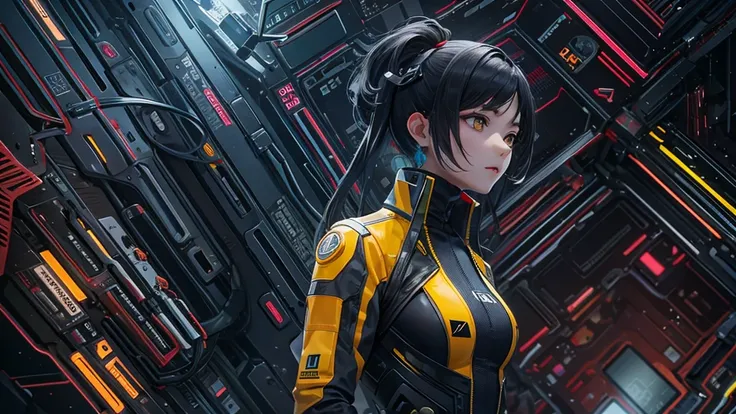 from future intelligence, technology background, complex mission, sudden mystery, unexpected result, unknown variables, strange data, confident look, space black pioneer dress, yellow eyes, black hair