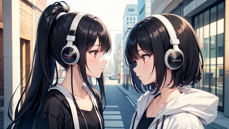 A young girl with black hair is wearing stylish clothes and headphones labeled "Lo-Fi." She is shown in profile, with a calm and serene expression as she gazes into the distance. Her hair is meticulously detailed, and her outfit is crafted with great atten...