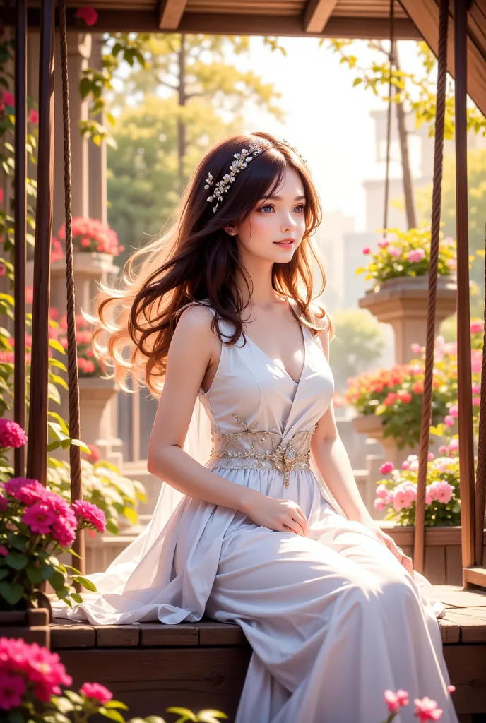 anime girl,  Sits in the Flower Garden on the veranda,  A bench made like a Swing ,  Girl Swings on a Swing , Joy,  hair develops , Beautiful with a wreath on her head ,  sunny day , beautiful colors, Game of Shadows, 8 k,  intricate details , Sh1k, 