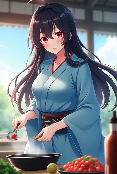 Chia anime , long hair, black hair and pink tips,ruby eyes, kinomo sky blue color ,  Big breasts , cooking