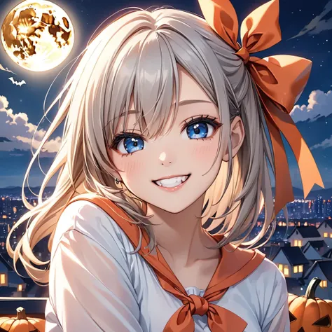 Yuuki Asuna, ((A stunningly beautiful girl in a cute outfit looks into the camera with her charming double teeth and a cute mischievous smile. Her beautiful silver-white hair is tied in a half-up style on one side. In the background is a night city and a f...