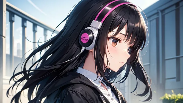 A young girl with black hair is wearing stylish clothes and headphones labeled "Lo-Fi." She is shown in profile, with a calm and serene expression as she gazes into the distance. Her hair is meticulously detailed, and her outfit is crafted with great atten...