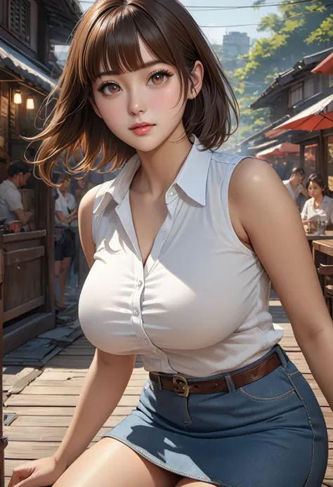 8k, RAW photo, best quality, masterpiece, realistic, photo-realistic, clear, professional lighting, beautiful face, best quality, ultra high res, super detail, accurate, high details, highres, １people, girl,  sleeveless white shirt,  miniskirt, Looking at ...