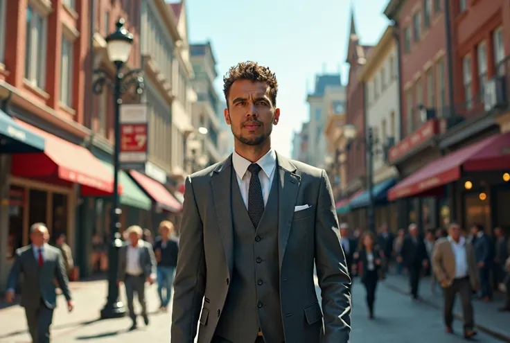 a man walking down the bustling sydney street, curly crew cut hair, receding temples, medium beard, grey business suit, highly detailed background, intricate background