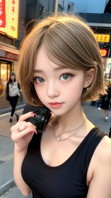 Curly Bob Cut, Realistic,  orange shirt ,A woman with platinum blonde hair takes a photo on the street, High image quality, High Resolution , 8K Art Clock Bokeh,   well-balanced body , 美しいJapanese women,  Gorgeous Necklace , Watch out for breasts,美しい若いJapa...