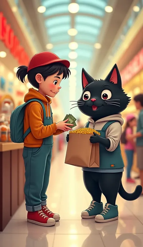 The AI black cute cat wearing clothes and shoes was in the shopping mall and purchasing food from the shopkeeper both shopkeeper and cute cat was shown in this by taking or giving the money in return food to the AI black cat in the food was kept in the bro...