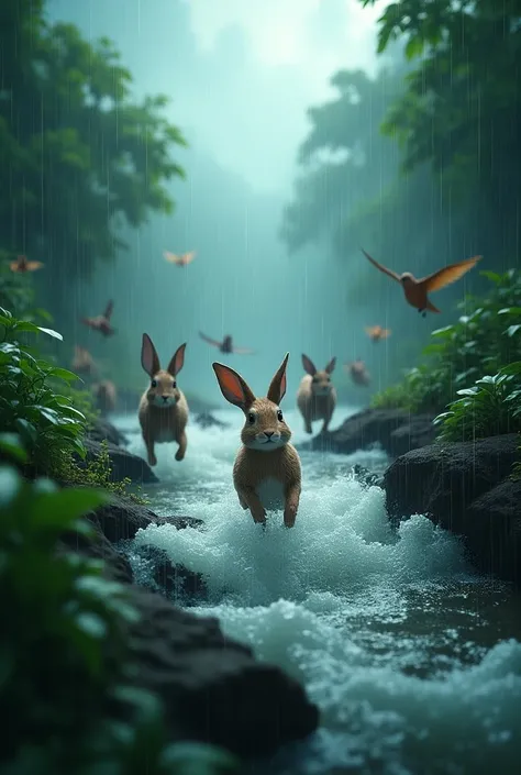 In 3D animation estroy Heavy rainstorm and jungle animals panicking: Torrential rain falls in the forest, flooding the riverbanks. The jungle animals—rabbits, deer, and birds—run for cover as water rushes toward their homes.