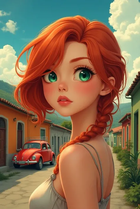 Anime red-haired girl with green eyes vintage sky with clouds looking at an old red beetle favela Brazil 