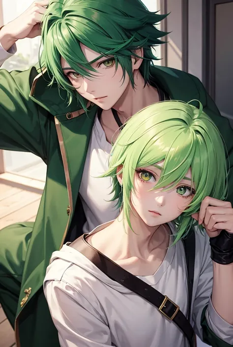 Anime boy , green hair, gold eyes 