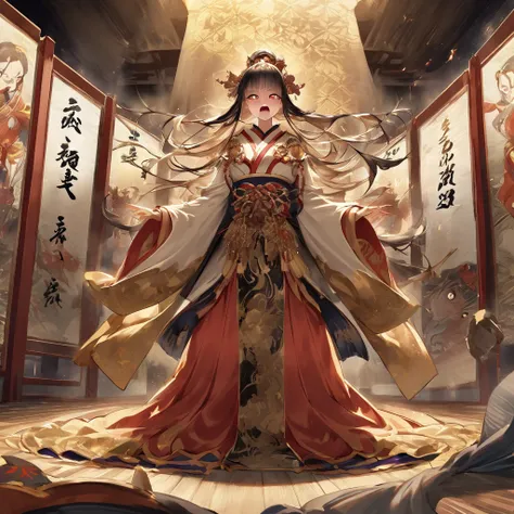 An illustration of Hino Tomiko accusing another concubine in a dramatic and intense scene. She stands in the center of a traditional Japanese palace room, dressed in a luxurious kimono with bold patterns of red and gold, symbolizing her authority and anger...