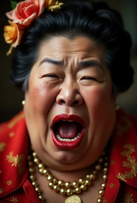 Close-up photo of an obese, flashy Asian grandmother with bright red lips wide open and eyes closed in surprise