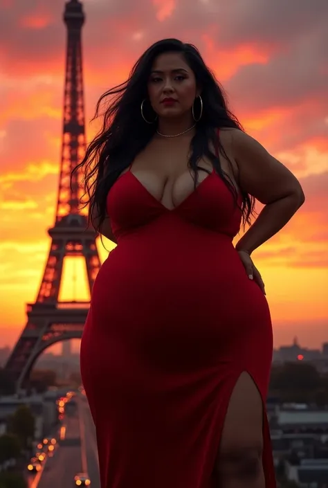 Miraculous Ladybug sexy, chubby mature. Curvy. fat woman.  long hair. Eiffel Tower. Sunset.  Photorealistic !  bright colors . big breasts. 