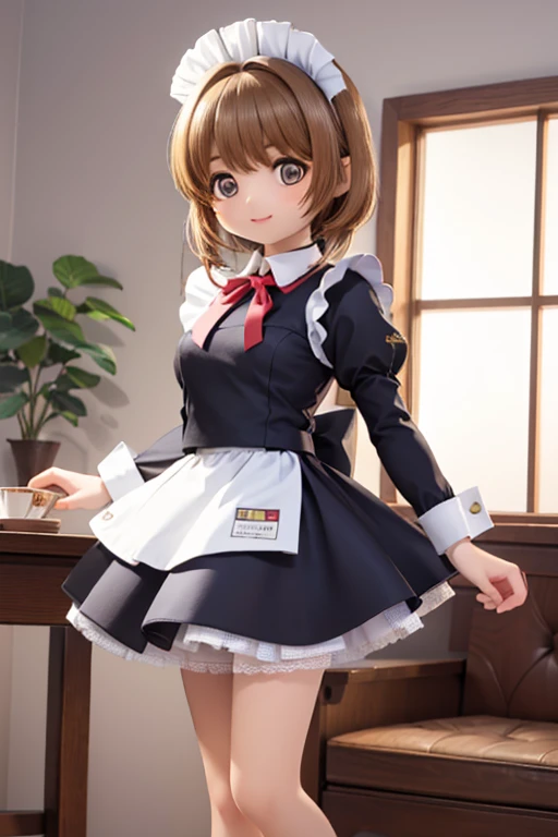 光沢のあるBrown Hair,  short hair, (美しい Brown Eyes 、  Sparkling Eyes, fine grain)、smile、 very detailed eyes、 highly detailed face,  Highly detailed eyes , cowboy shots、 One Girl,One Girl, Alone,  Brown Eyes , Brown Hair,  short hair, (Maid uniform:1.4), mouth,h...