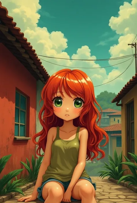 Anime red-haired red-haired girl with green eyes vintage sky with clouds sitting outside the red house favela Brazil