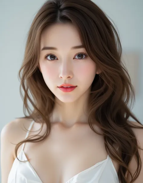 ( best quality, high resolution ,super detailed),((portrait )),a  portrait of a slender east asian woman with long,   wavy brown...