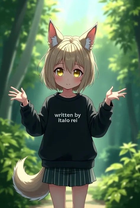 Girl with wolf ears and wolfs calf with bright yellow eyes and a black sweatshirt written by Italo Rei with angel wings in a garden receiving the powers of Italo its creator anime manga version