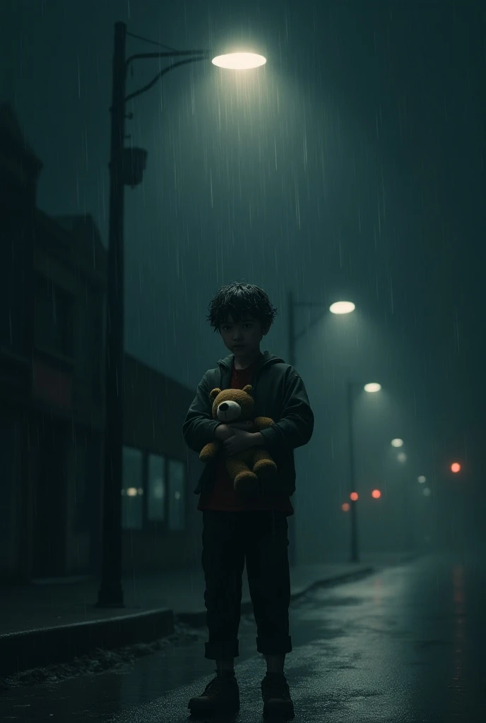 A young , drenched in rain, standing alone under a dim streetlight at night. The rain is pouring heavily, and the surroundings are dark and cold. The ’s face shows a mix of sadness and hope as they hold a small, worn-out teddy bear close. The street is emp...